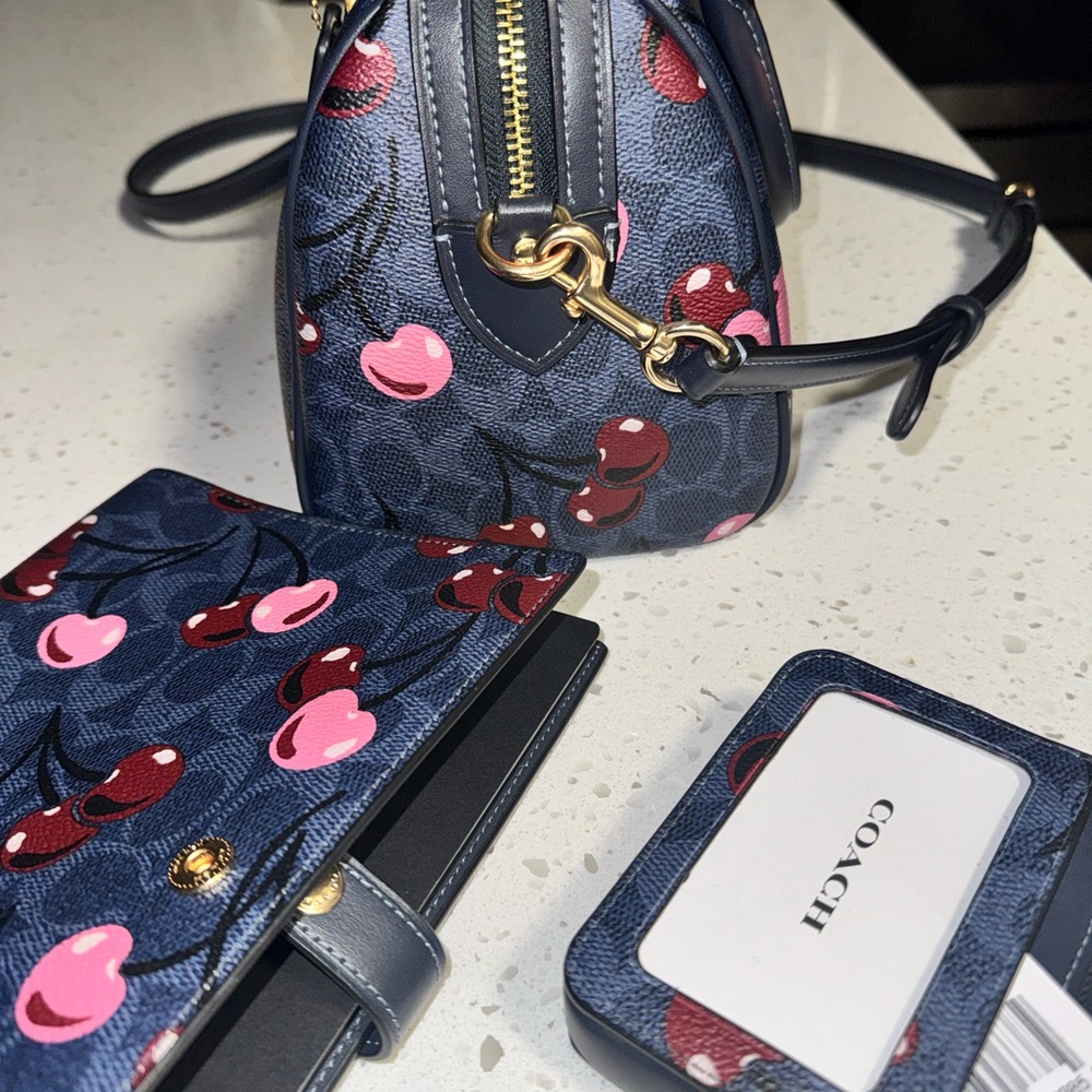 Coach Cherry Print Satchel in Navy and Pink Medium Rowen Notebook & Wallet - Picture 4 of 10